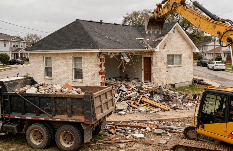 Residential house demolition in Dallas Texas performed by Best Dallas Demolition with excavator